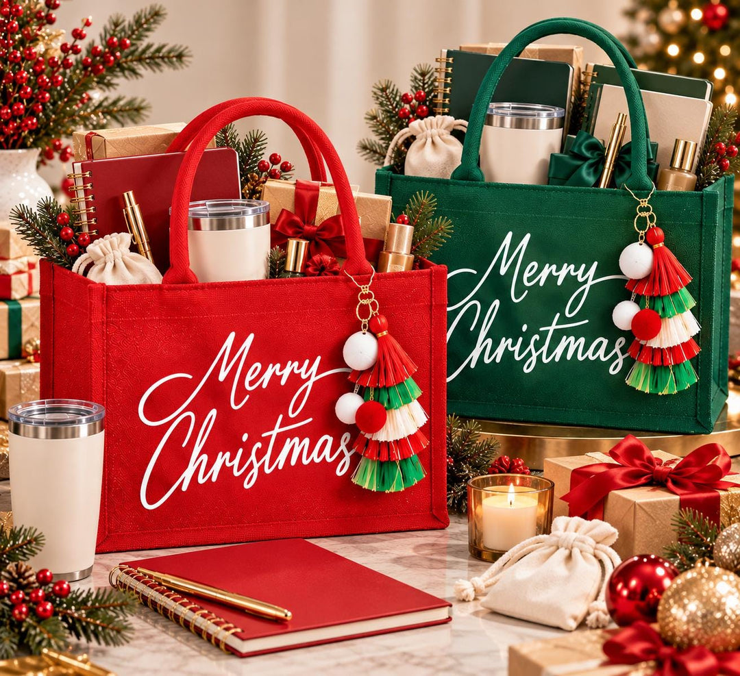 two festive gift bags, each containing various holiday-themed items such as candles, books, and ornaments, arranged on a table with a Christmas tree in the background.