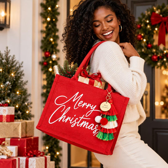 A woman with curly hair is smiling and holding a red bag with the text "Merry Christmas" on it, standing in front of a Christmas wreath.