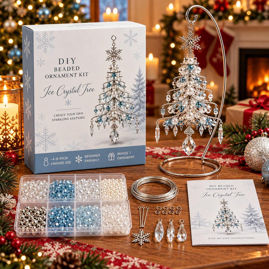 a DIY beaded ornament kit for creating a crystal tree, with various materials and instructions displayed on a table.