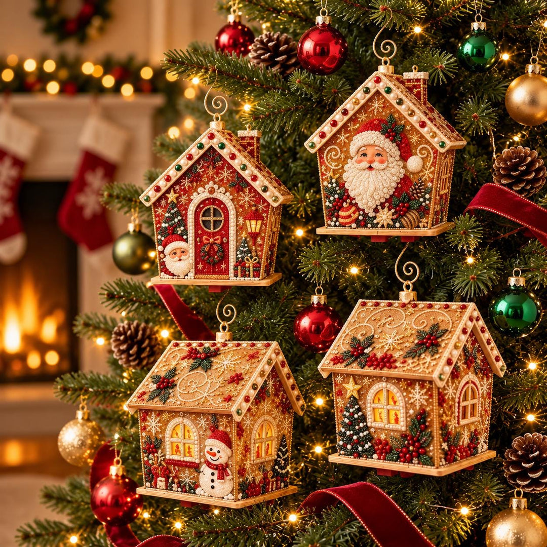 a beautifully decorated Christmas tree adorned with ornaments, lights, and a wreath. The ornaments include a Santa Claus house, a gingerbread house, and a snowman house, all intricately designed and embellished with red and gold colors. The tree is surrounded by pine cones and other festive decorations, creating a warm and cozy holiday atmosphere.