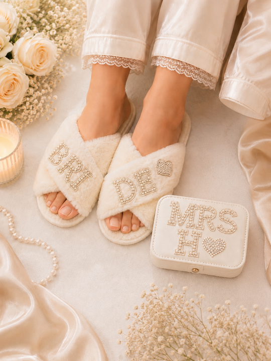 Bridal Fluffy Slippers & Mrs Jewelry Box Set