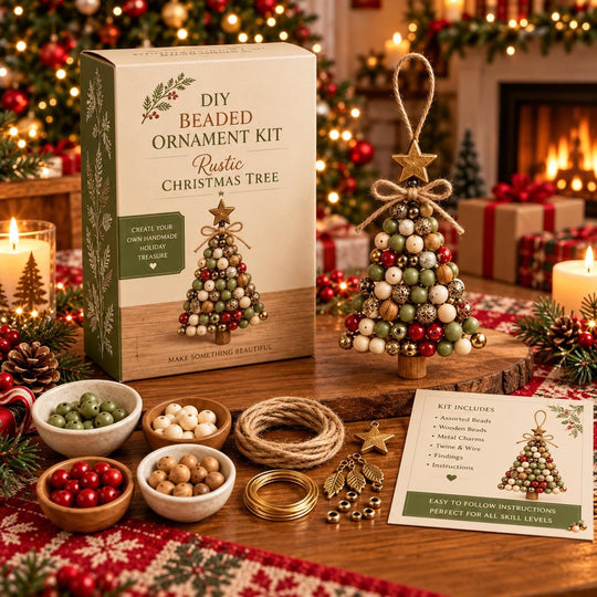 a DIY beaded ornament kit for a rustic Christmas tree, surrounded by holiday decorations and supplies.