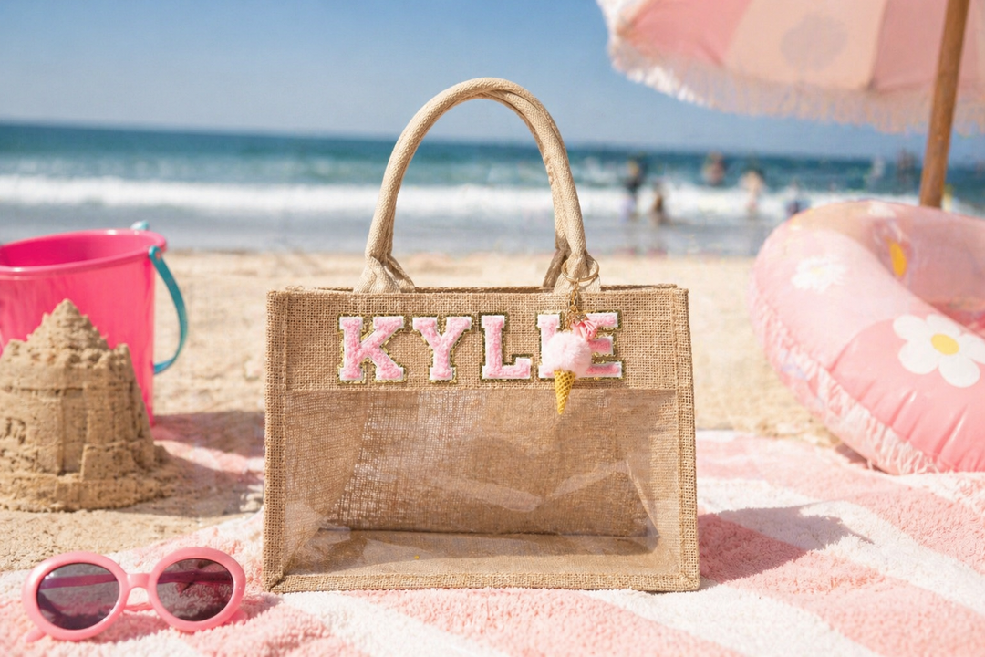Custom Trendy Transparent Tote Bags for Kids, Personalized Beach Bag, Custom Name Tote, Kids Pool Bag, Vacation Tote for Girls