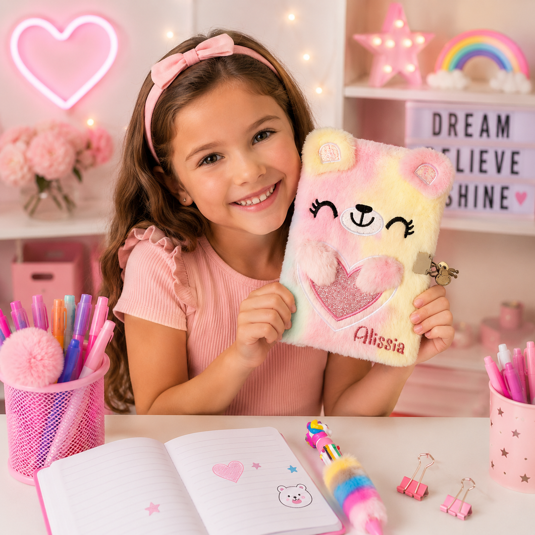 Personalized Teddy Bear Plush Diary with Lock | Custom Kids Journal