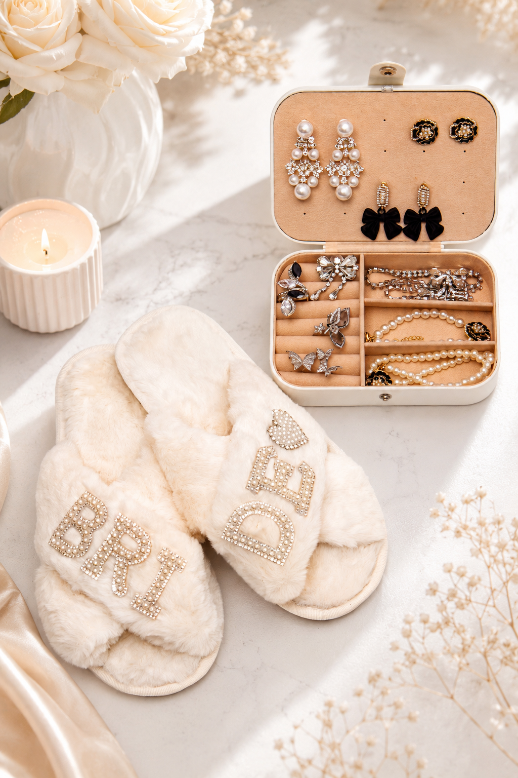 Bridal Fluffy Slippers & Mrs Jewelry Box Set