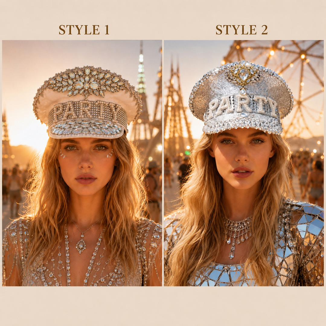 Party Rhinestone Festival Hat – Crystal & Pearl Statement Captain Hat  Description