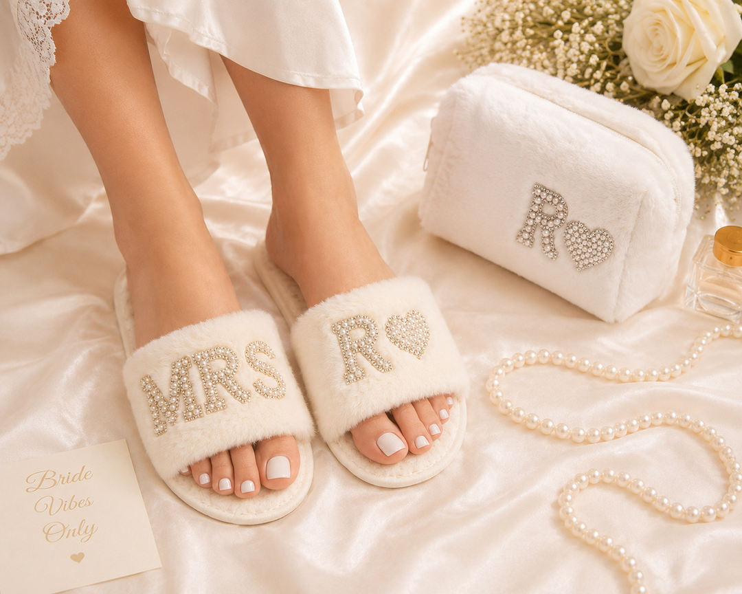 Custom Bridal Slippers & Makeup Bag Set
