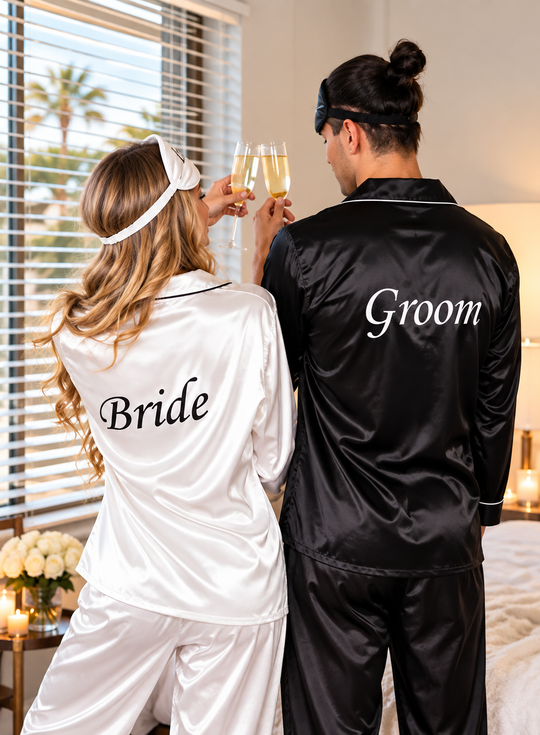 Custom Bride and Groom Satin Pajama Sets for Couple