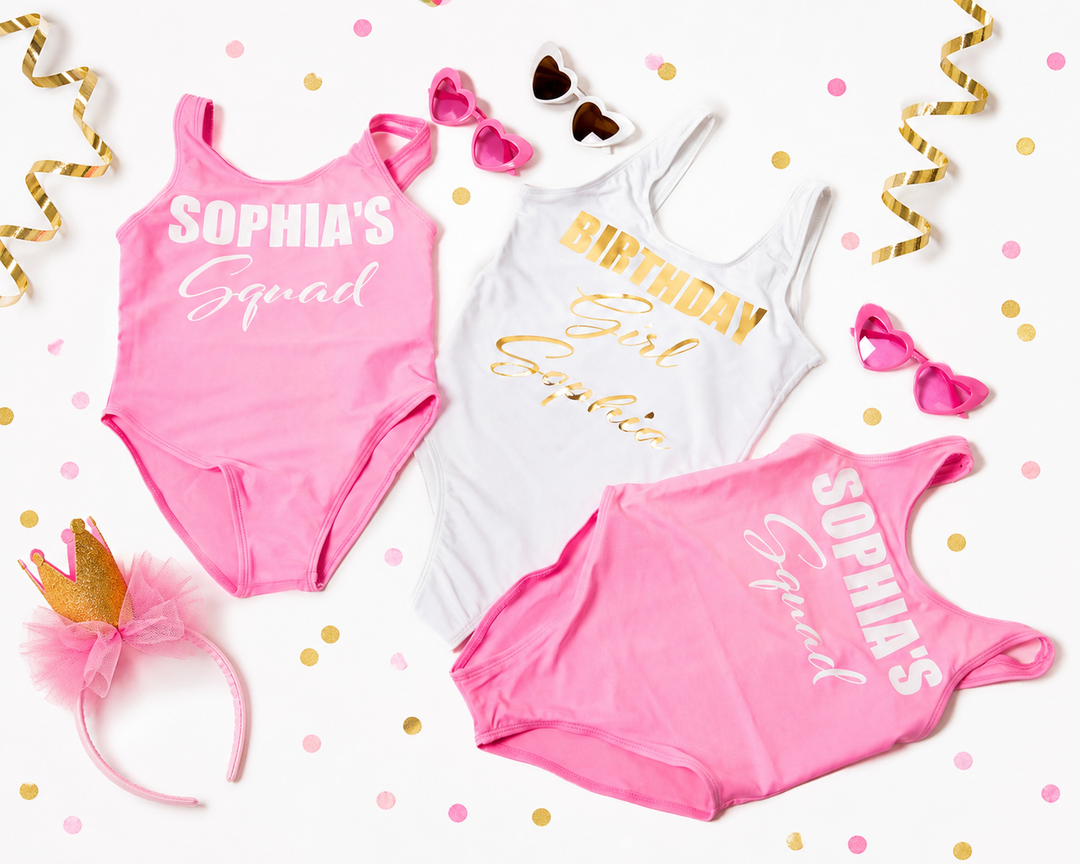 Kids Birthday Princess and her Squad One Piece Swimsuits