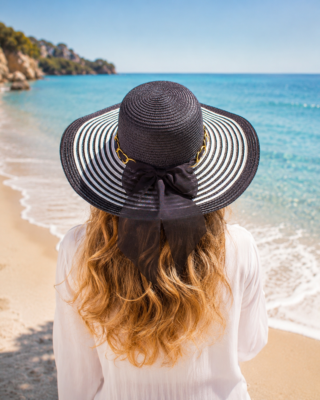 Elegant Beach Sun Hat with Chain & Bow
