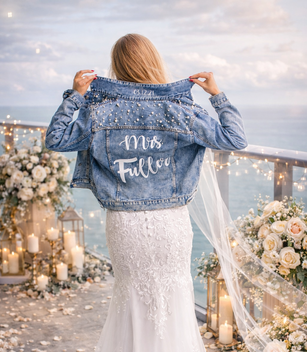 Mrs Custom Wedding Denim Jacket with Pearls