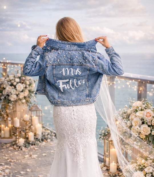 Mrs Custom Wedding Denim Jacket with Pearls