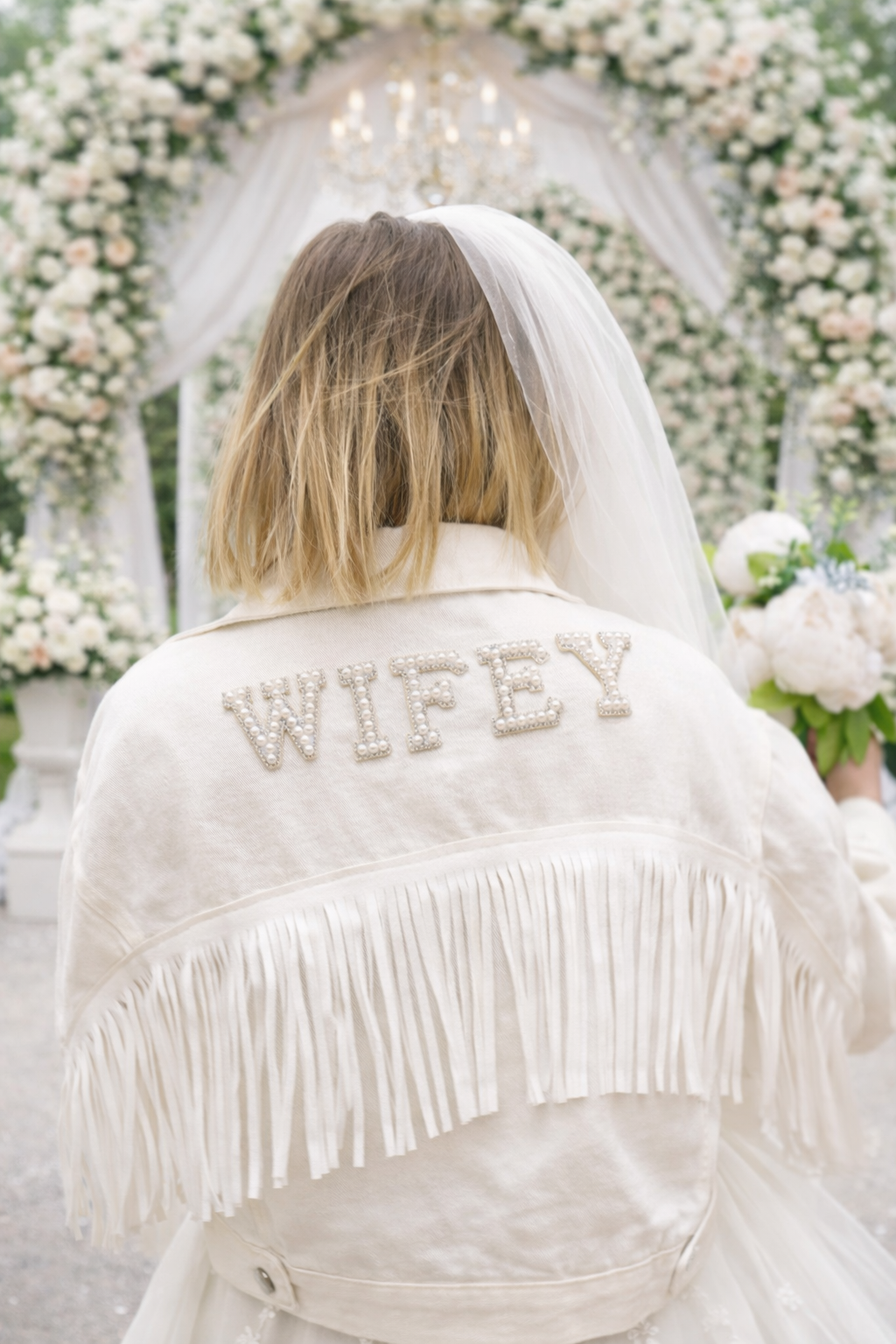 Custom White Bridal Jacket with Fringes