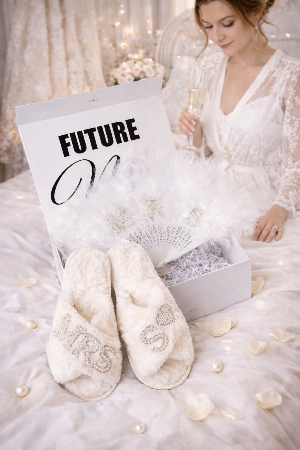 Bridal Personalized Gift Set – Bride Fluffy Slippers & Feather Fan, Custom Wedding Gift Box
