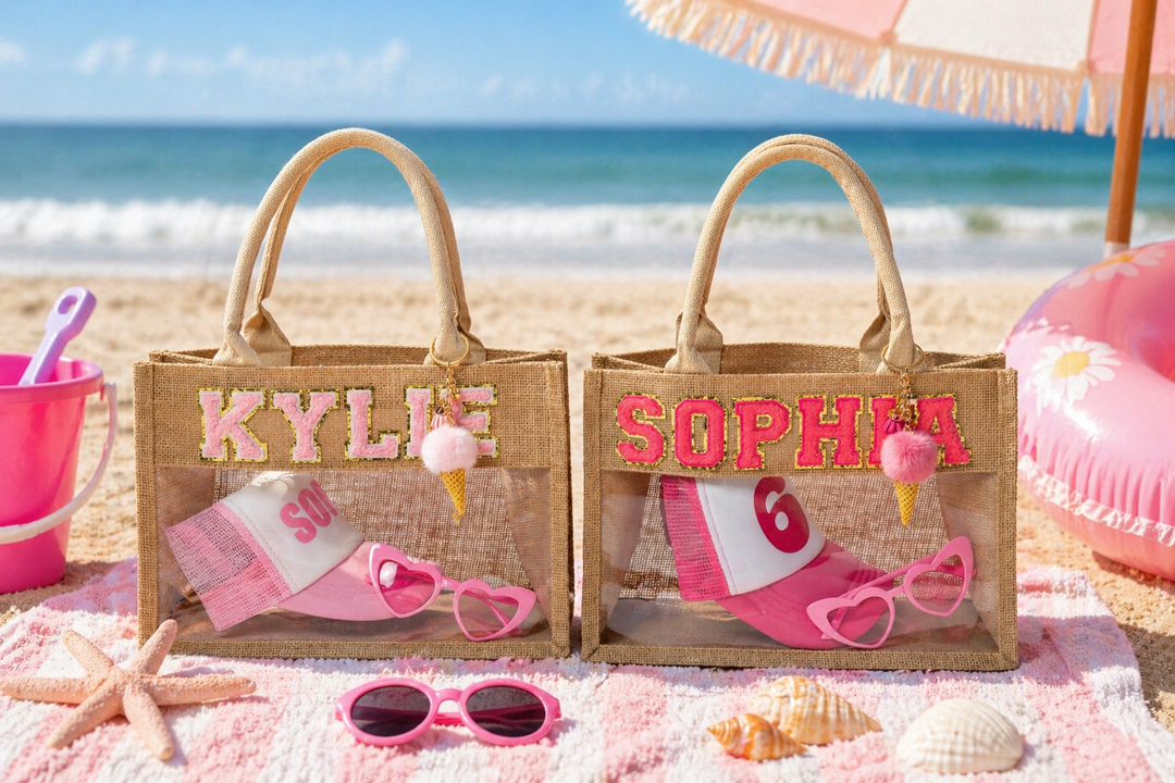 Custom Trendy Transparent Tote Bags for Kids, Personalized Beach Bag, Custom Name Tote, Kids Pool Bag, Vacation Tote for Girls