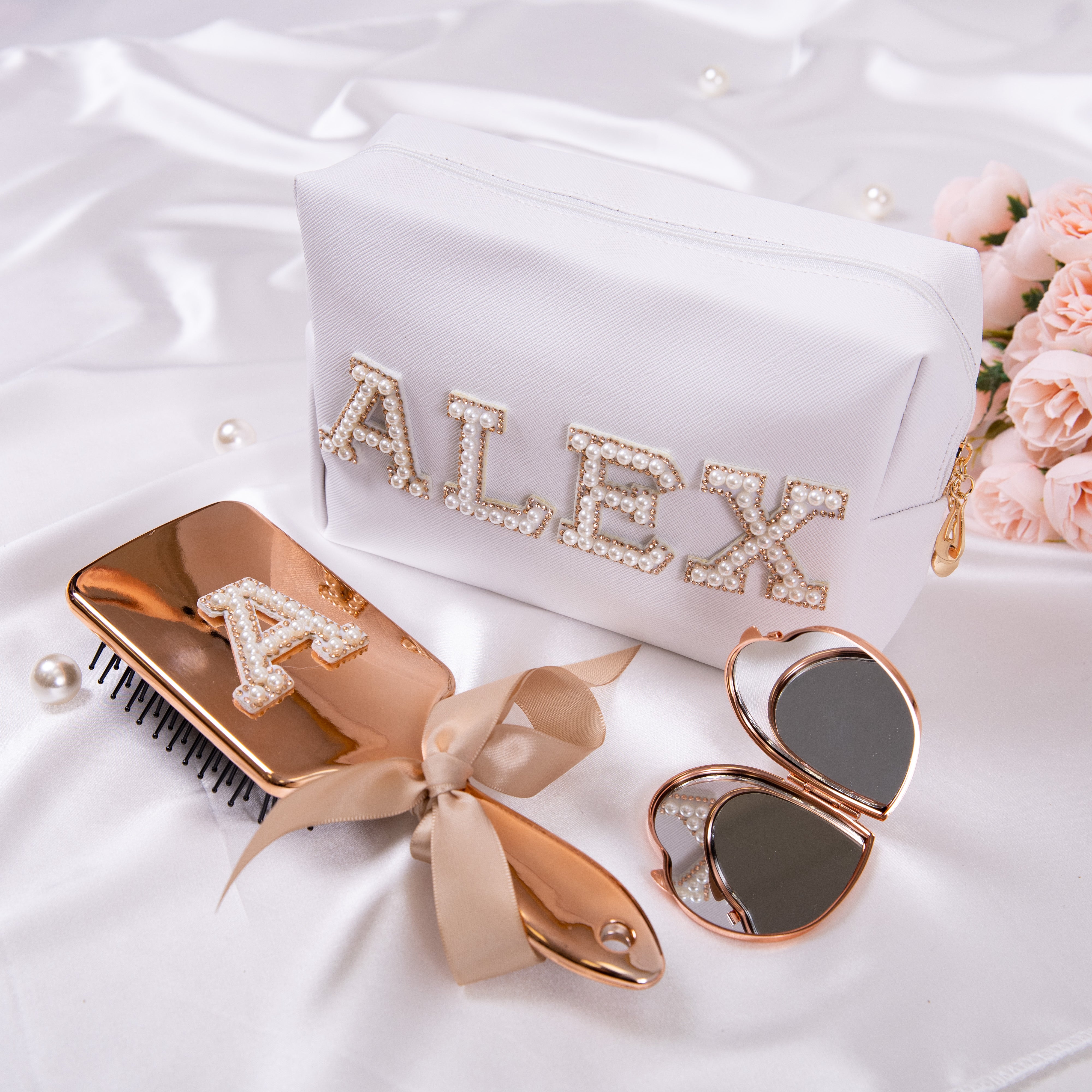 Custom Bridesmaid Gift Set: Personalized make up bag + Mirror + Hair b ...
