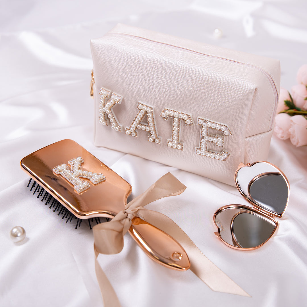 Custom Bridesmaid Gift Set: Personalized make up bag + Mirror + Hair brush