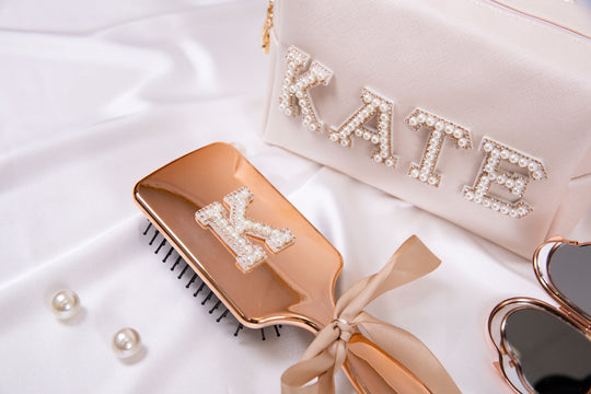 Custom Bridesmaid Gift Set: Personalized make up bag + Mirror + Hair brush