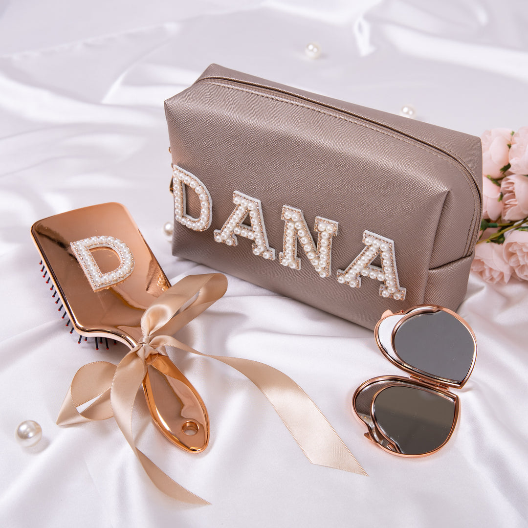 Custom Bridesmaid Gift Set: Personalized make up bag + Mirror + Hair brush