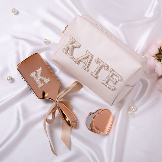 Custom Bridesmaid Gift Set: Personalized make up bag + Mirror + Hair brush