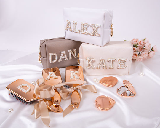 Custom Bridesmaid Gift Set: Personalized make up bag + Mirror + Hair brush