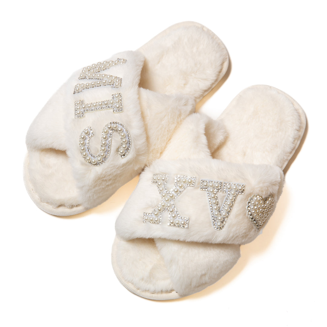 Mis 15 Quince Fluffy Slippers with Pearl Letter Patches – Personalized Sweet 15 Gift