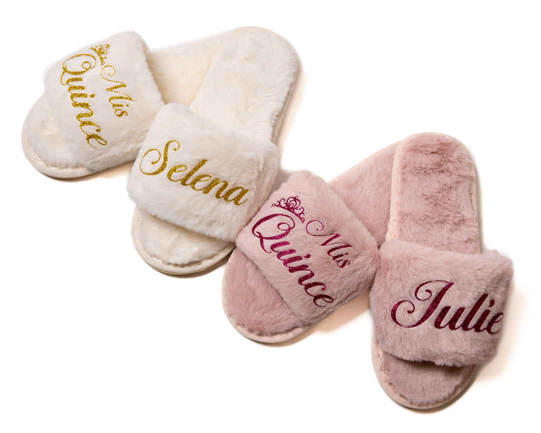 Mis Quince Custom Fluffy Slippers – Personalized Sweet 15 Birthday Slippers