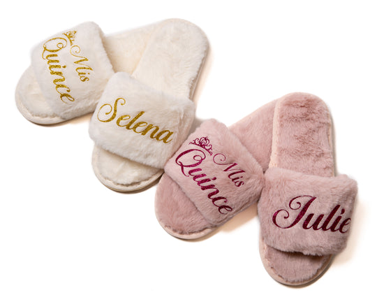 Mis Quince Custom Fluffy Slippers – Personalized Sweet 15 Birthday Slippers