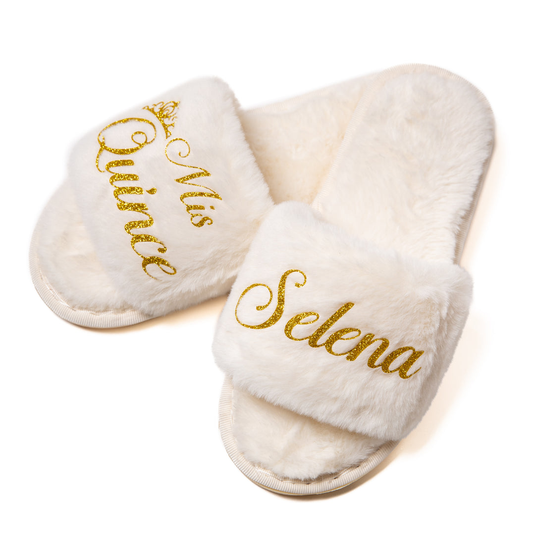 Mis Quince Custom Fluffy Slippers – Personalized Sweet 15 Birthday Slippers