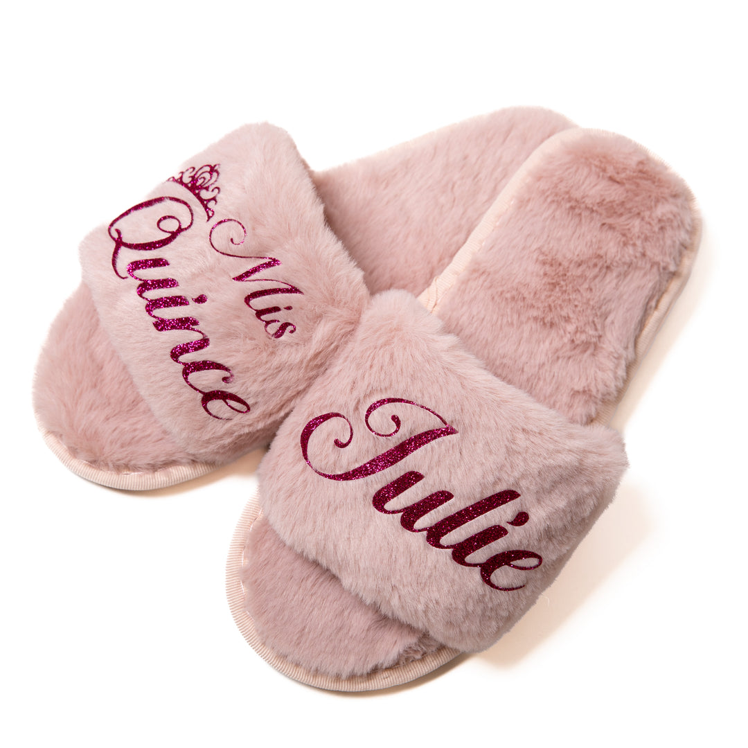 Mis Quince Custom Fluffy Slippers – Personalized Sweet 15 Birthday Slippers