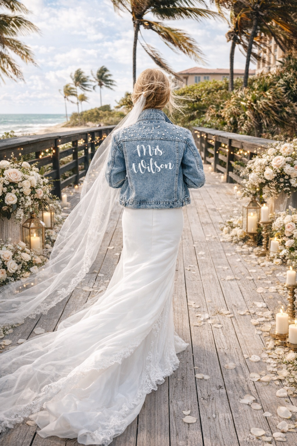 Mrs Custom Wedding Denim Jacket with Pearls