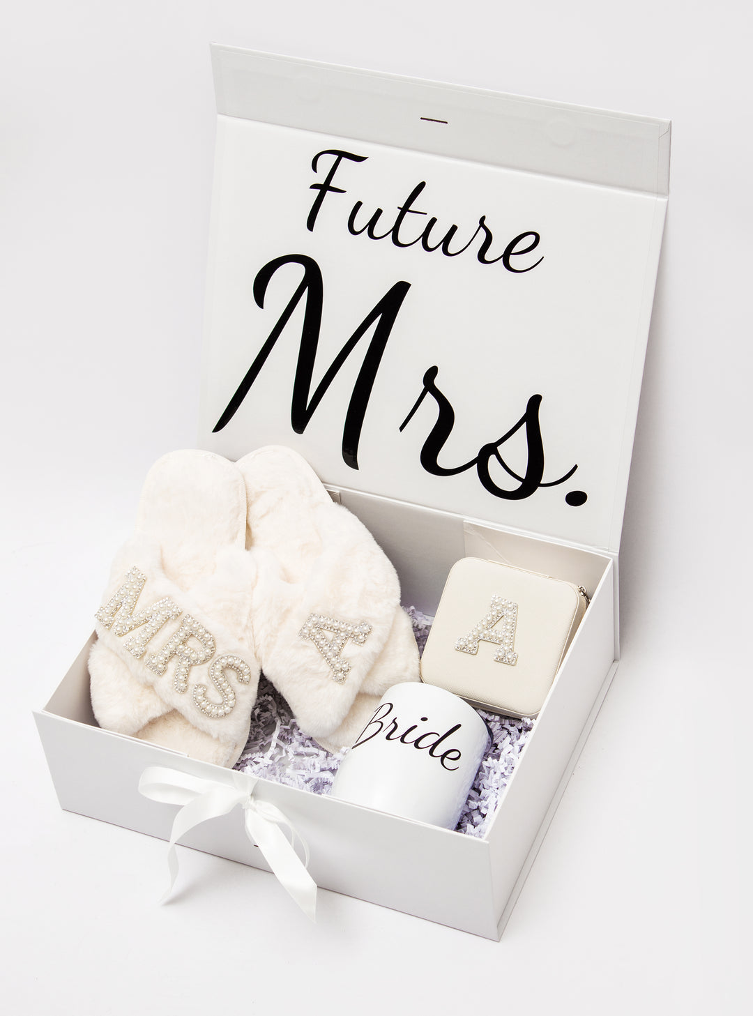 Custom Bridal Gift Set – Personalized Fluffy Slippers, Jewelry Box & Tumbler for Bride