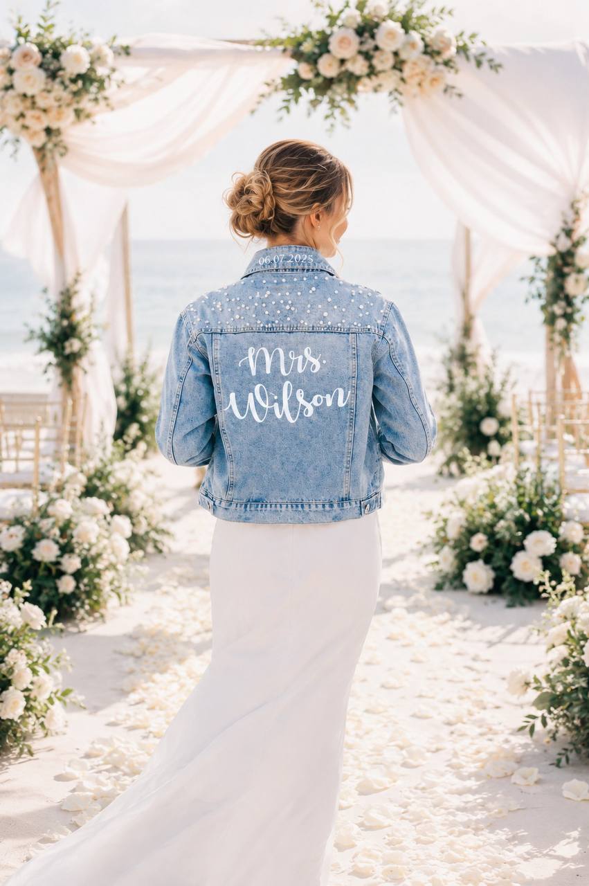 Mrs Custom Wedding Denim Jacket with Pearls
