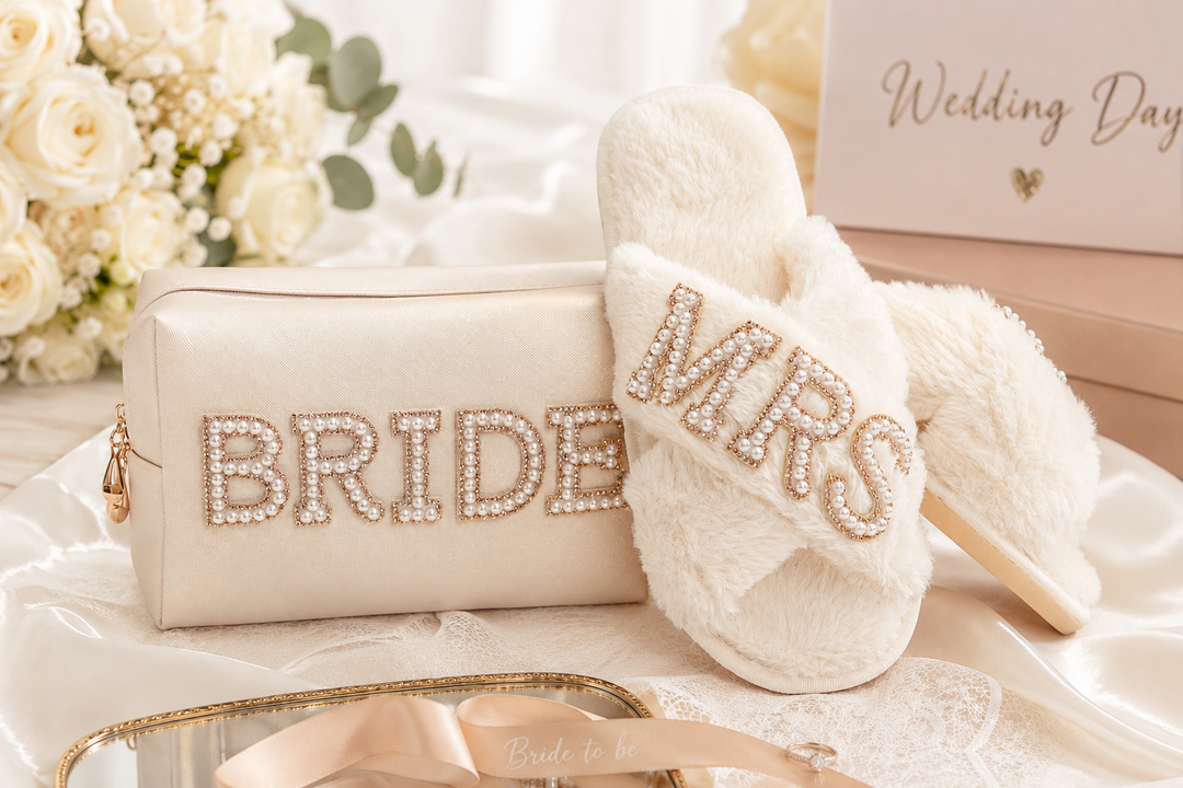 Bridal Gift Set Mrs Fluffy Slippers & "Bride" Make Up Bag