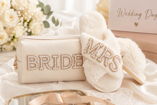 Bridal Gift Set Mrs Fluffy Slippers & "Bride" Make Up Bag