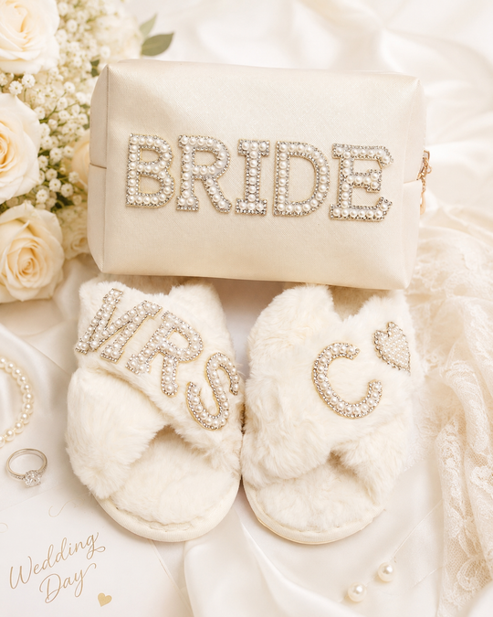 Bridal Gift Set Mrs Fluffy Slippers & "Bride" Make Up Bag