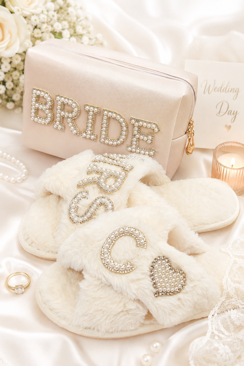 Bridal Gift Set Mrs Fluffy Slippers & "Bride" Make Up Bag