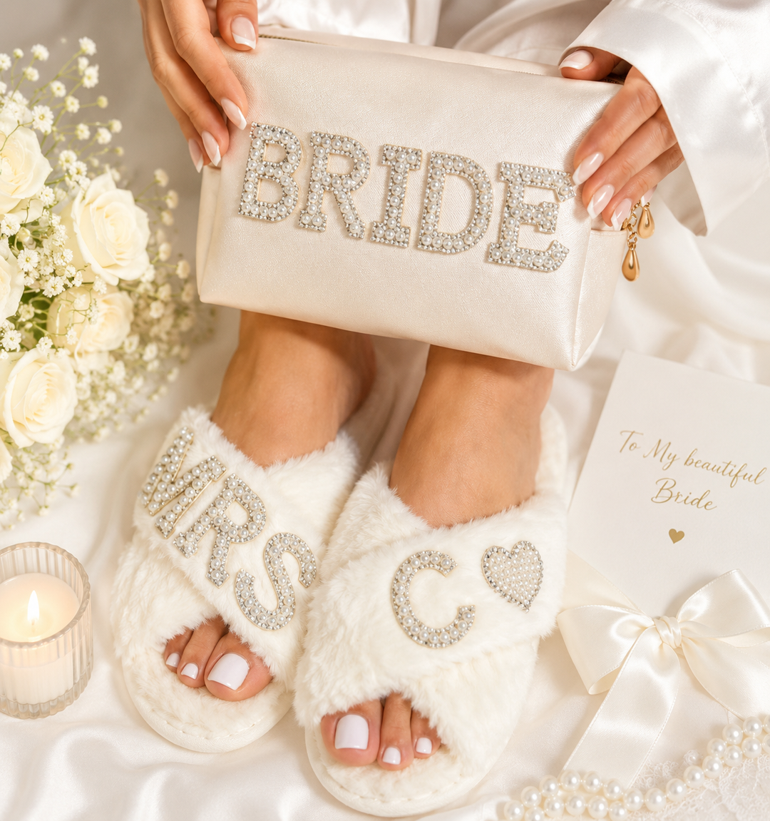 Bridal Gift Set Mrs Fluffy Slippers & "Bride" Make Up Bag