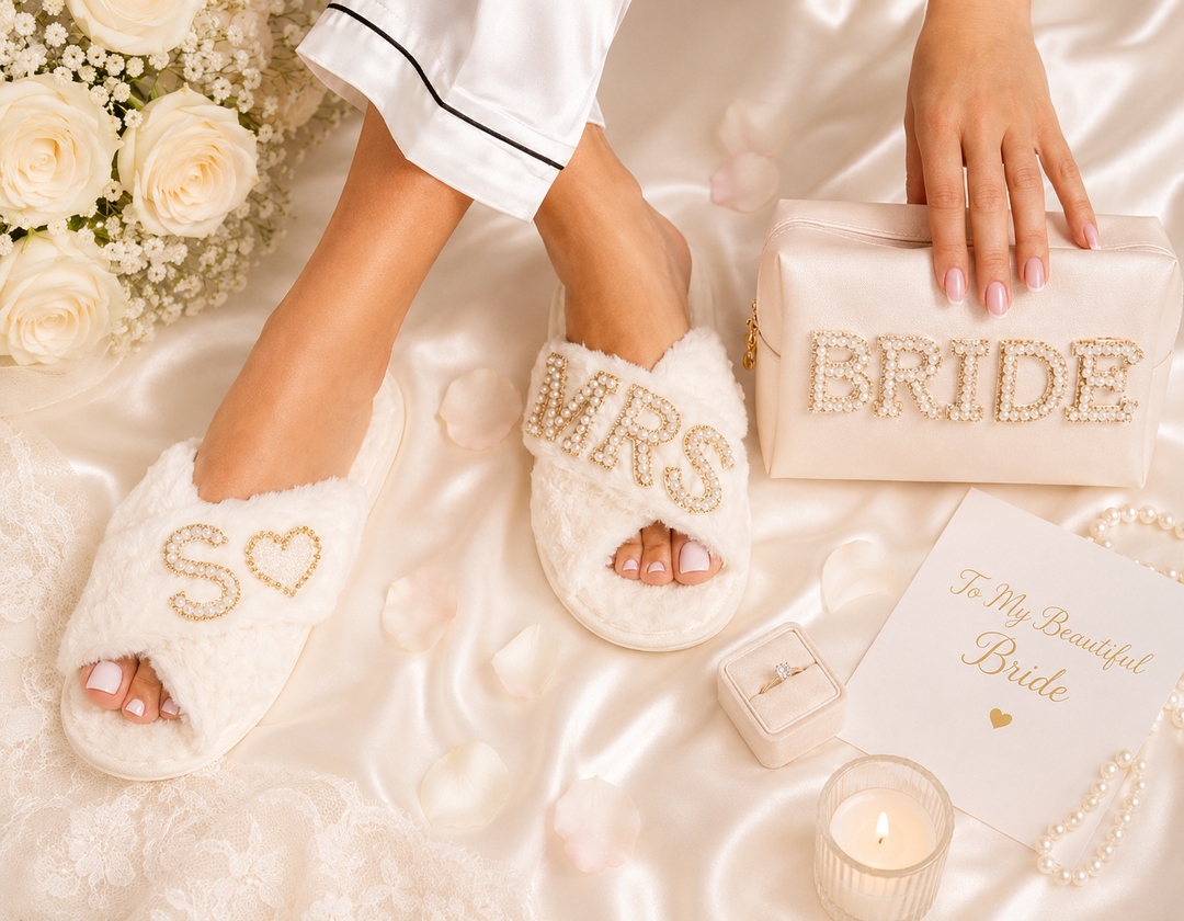 Bridal Gift Set Mrs Fluffy Slippers & "Bride" Make Up Bag