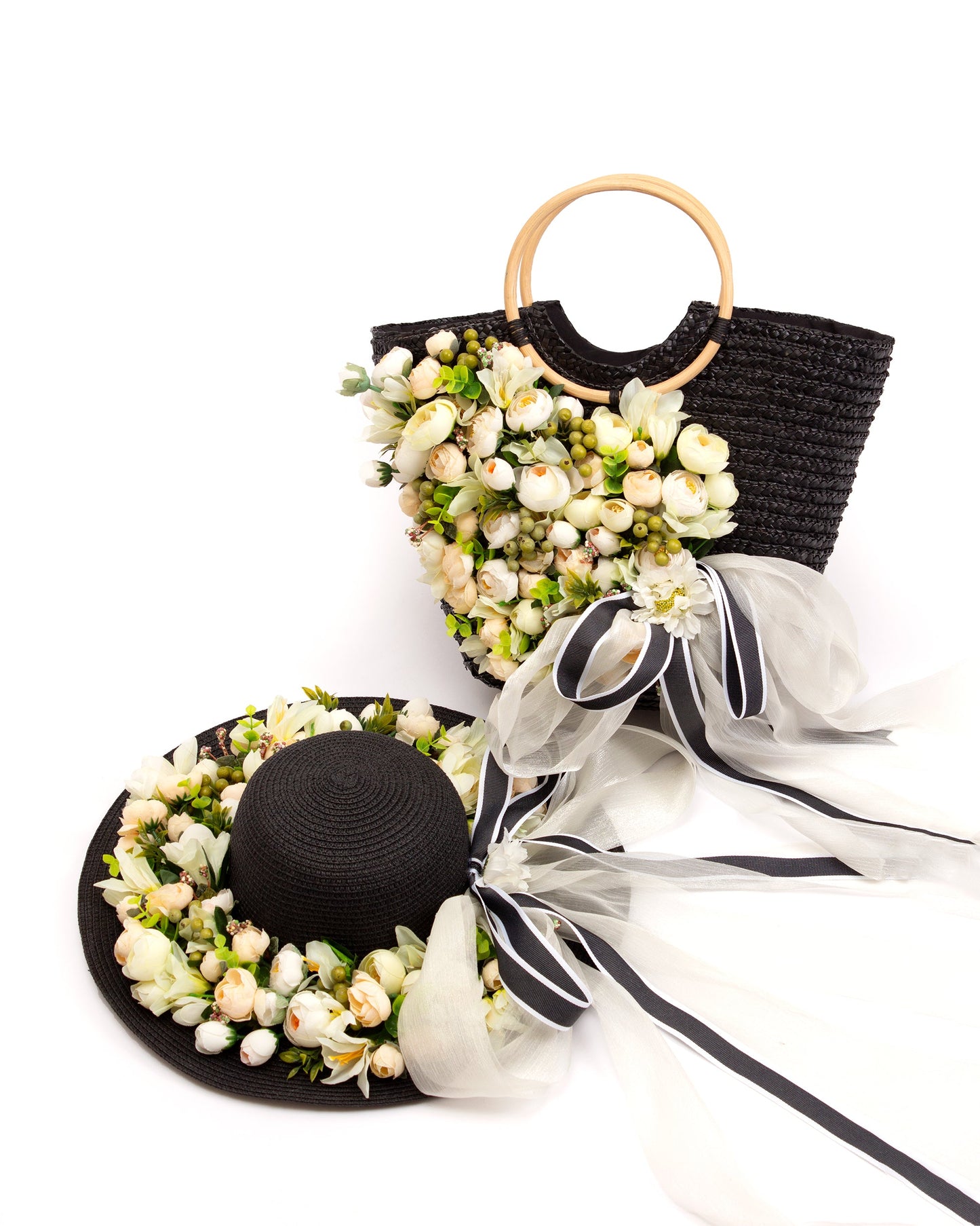 Floral Set Straw Bag and Hat for Bride Style 1