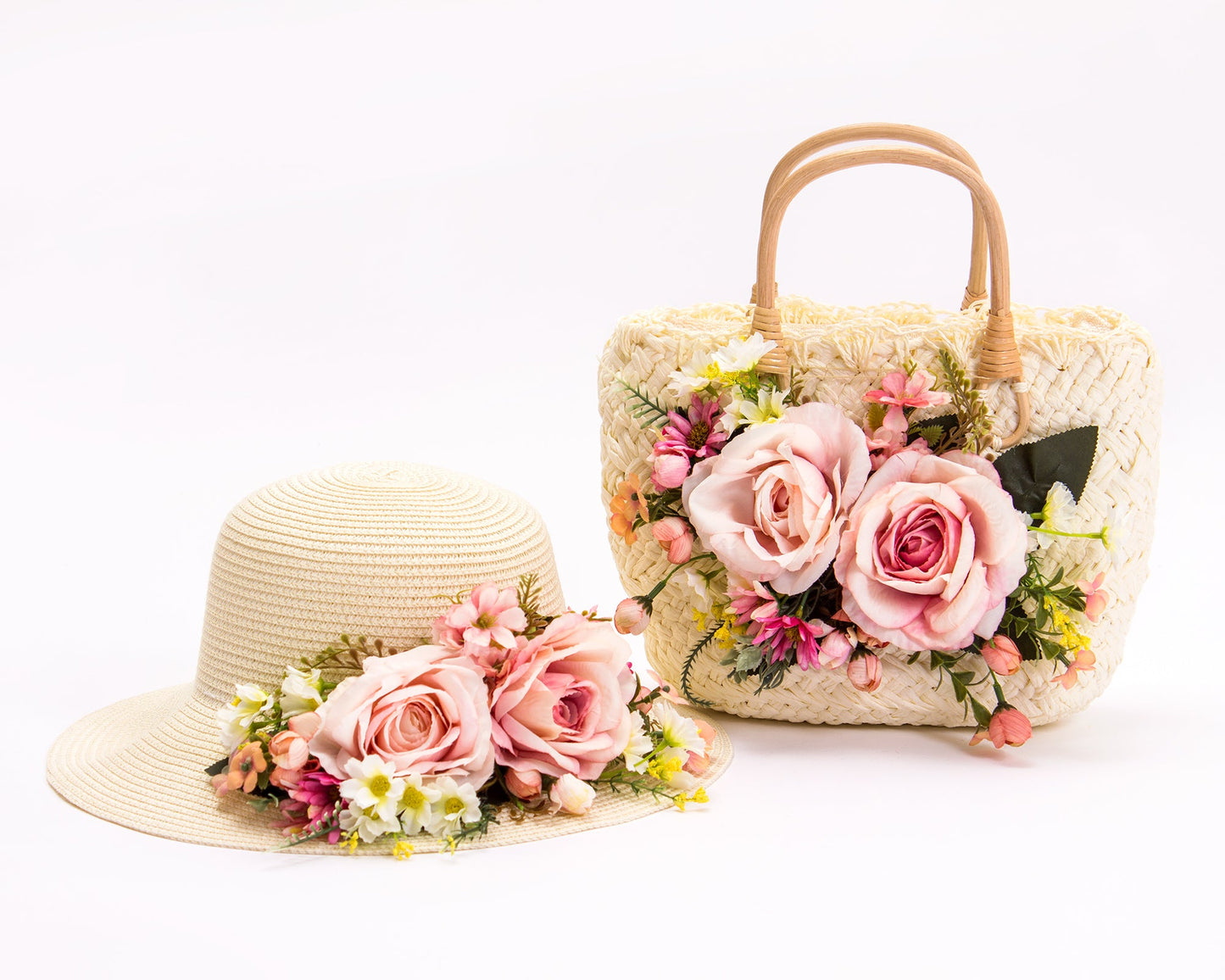 Bride Sun Hat and Straw Bag with Flowers- Small