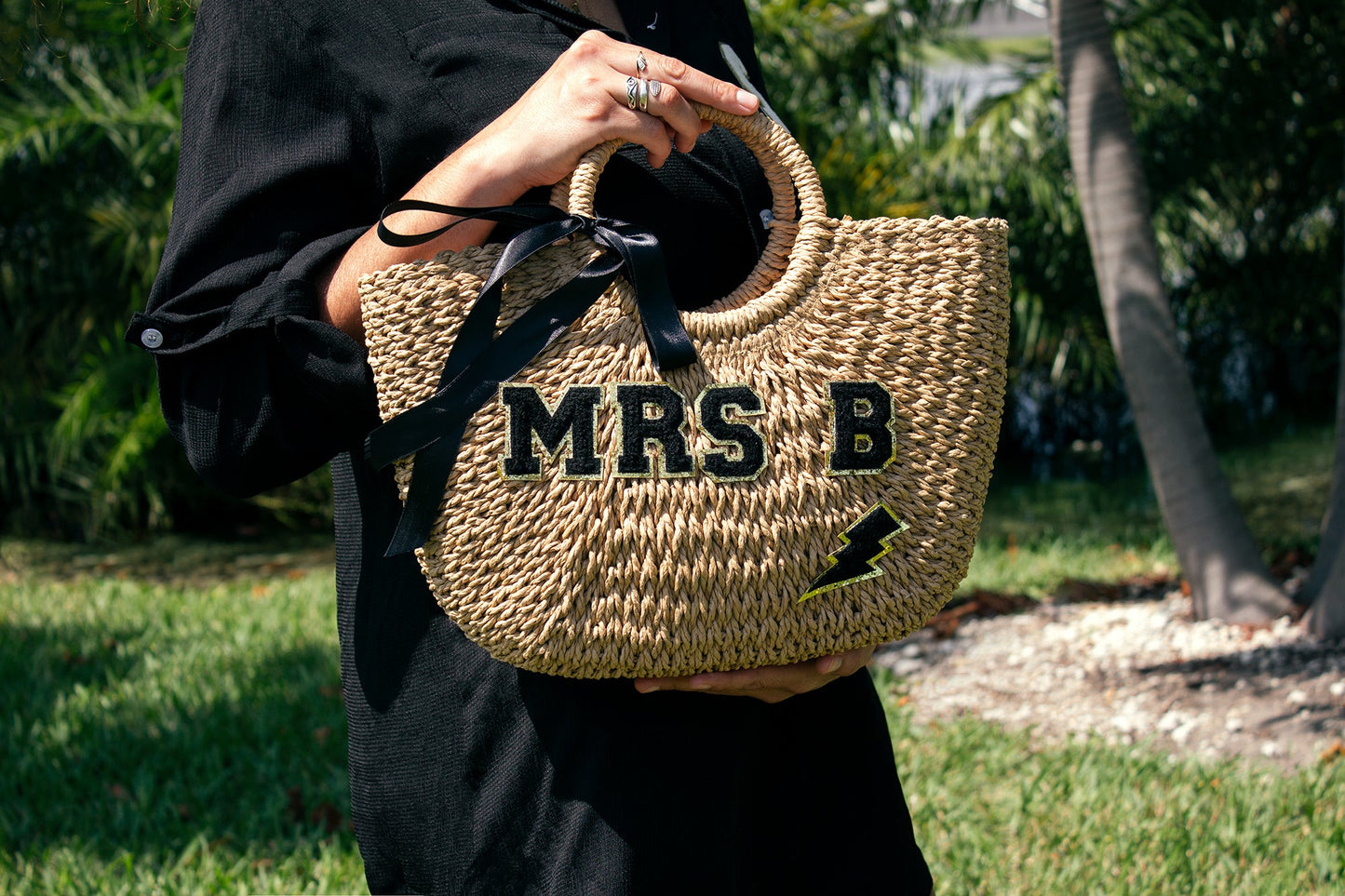 Mrs. Bridal Custom Beach Straw Bag - fluffy patches