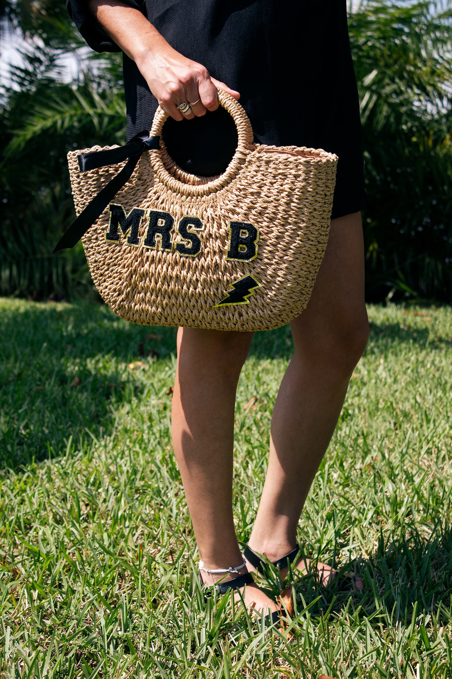 Bridal Mrs. Custom Beach Straw Bag - fluffy patches