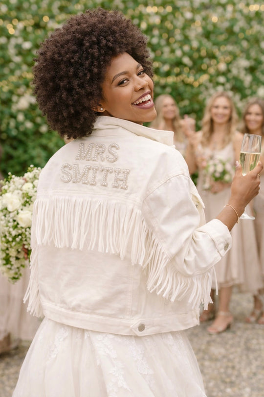 Custom White Bridal Jacket with Fringes