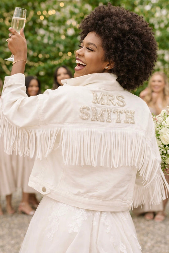 Custom White Bridal Jacket with Fringes