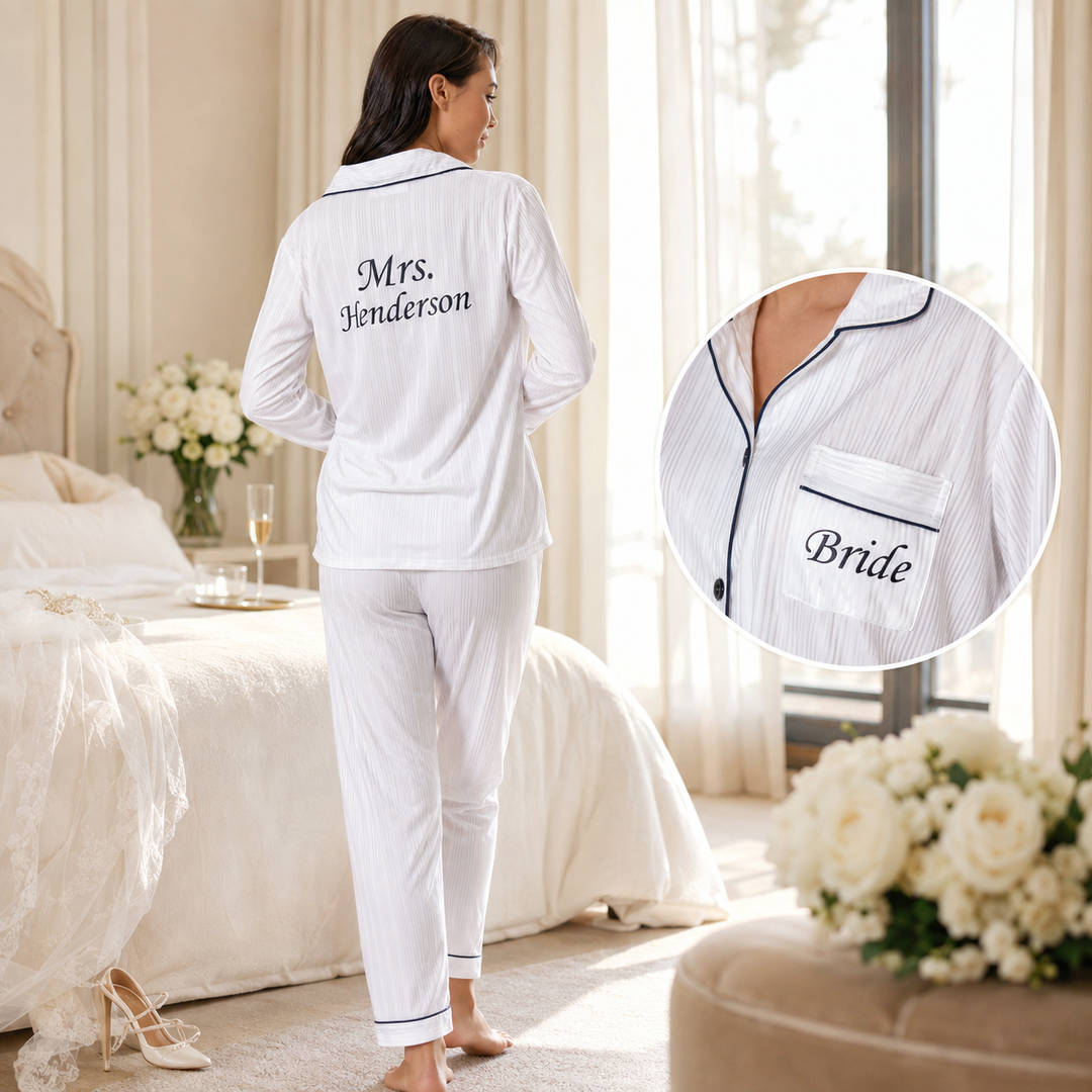 Personalized Bridesmaid Striped White Satin Pjs