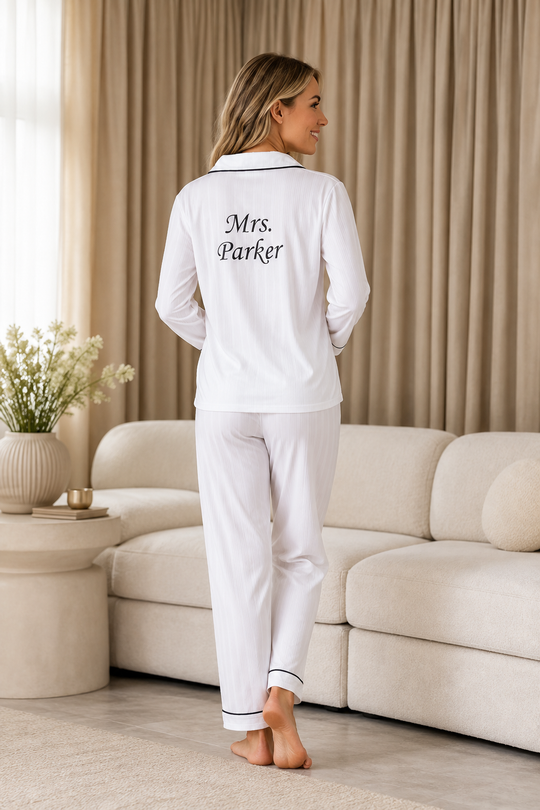 Personalized Bridesmaid Striped White Satin Pjs