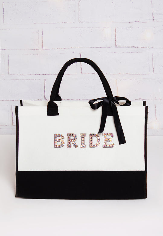 White and Black Custom Bridal Tote Bag with Rhinestone Customization