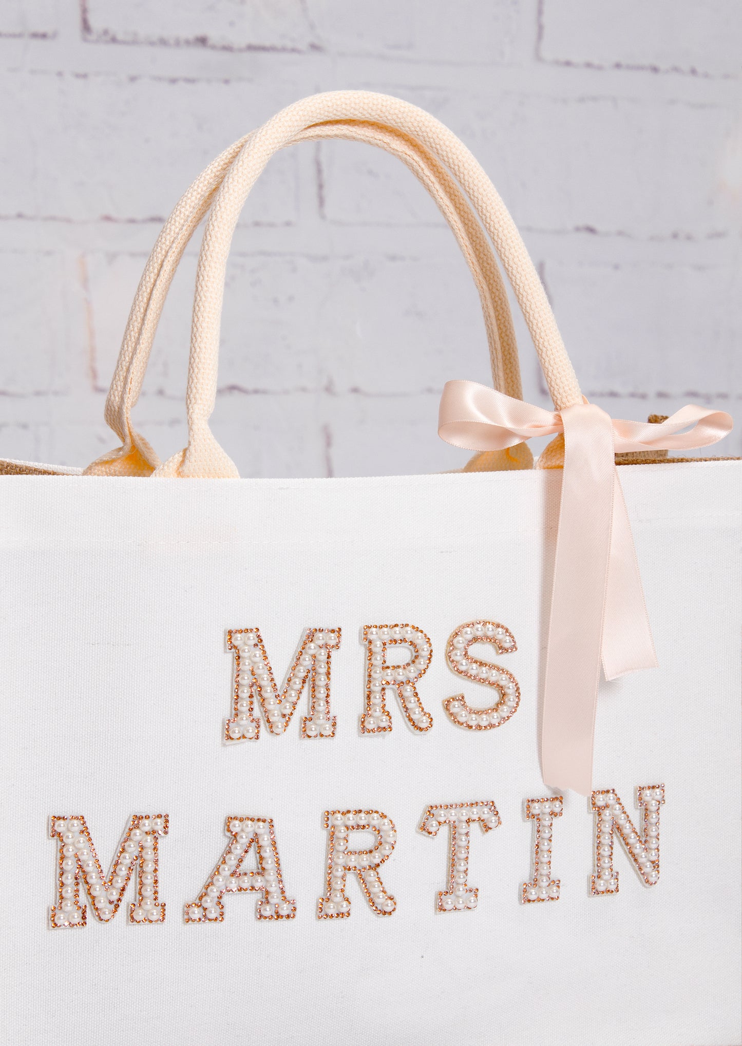 Custom Mrs Bride White Tote Bag with Pearls Patches