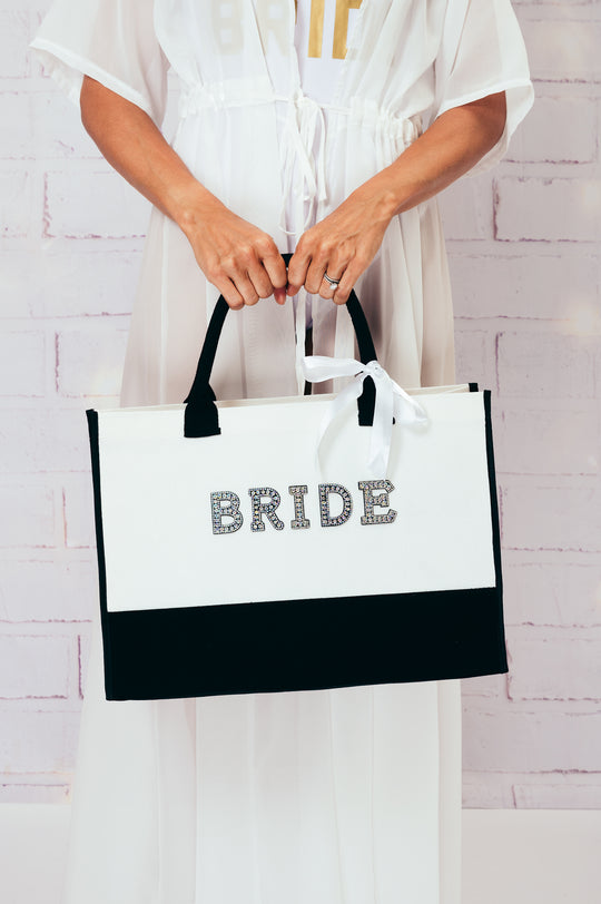 White and Black Custom Bridal Tote Bag with Rhinestone Customization